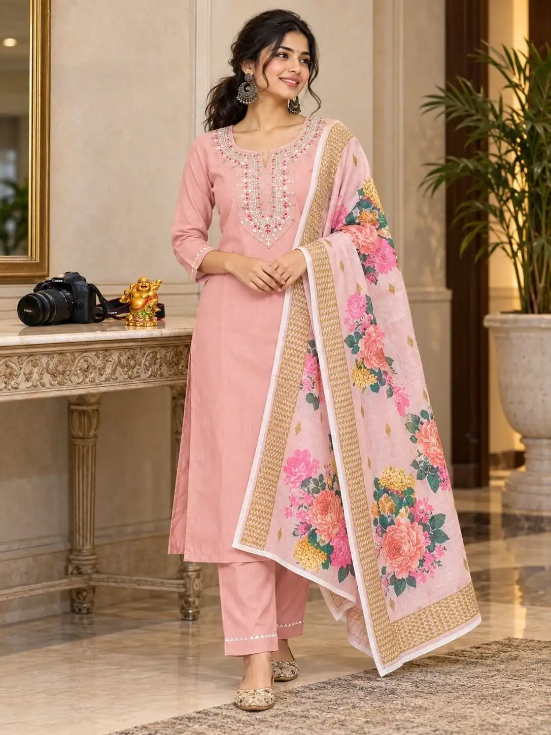 Dusty Pink Rayon Slub Cotton Straight Salwar Set